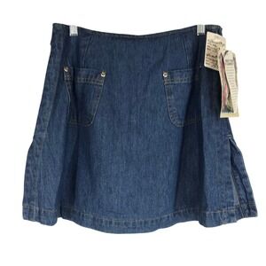 vintage True Blue Denim Mini Skirt Tie Waist Pockets Blue Jean Womens Size 7 8